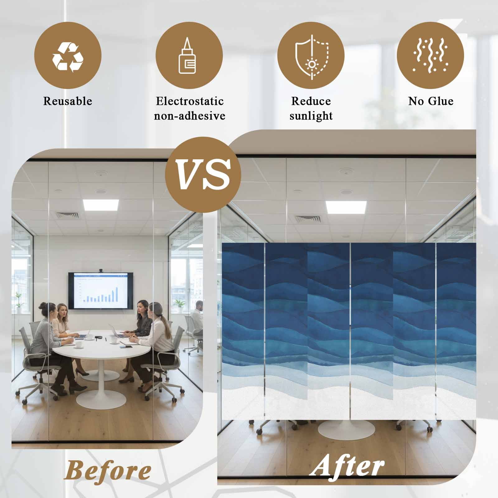 Sun Blocking Glass Window Film, Navy Blue Ombre Window Privacy Film Frosted, Abstract Modern Stripe Waves Moires Reusable Windows Privacy Sticker for Home Decor, Nursery, 23.6 x 78.7 Inches