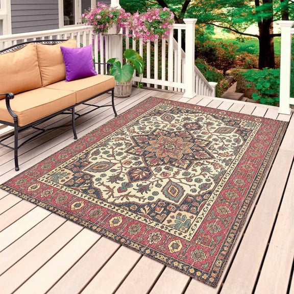 Farmhouse Boho Outdoor Rug 3x5 Ft, Non Slip Washable Area Rug, Aztec Southwest Tribal Abstract Floral Patio Rugs Carpet Runner, Large Floor Mat for Indoor/Outdoor Deck Porch Camping