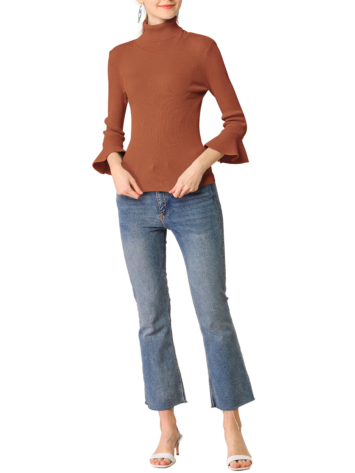 DARING DIVA Women's Ruffle Sleeves Pullover Knit Turtleneck Sweater XS Caramel
