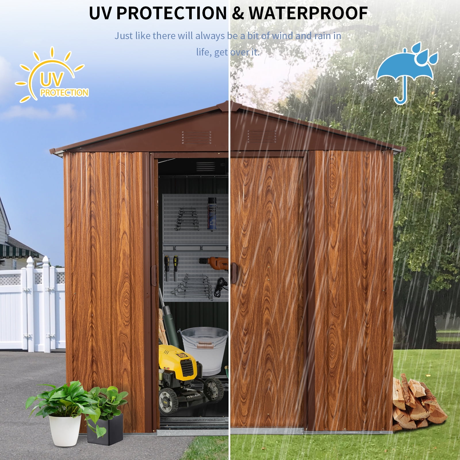 CarButler 6x6ft Metal Outdoor Storage Shed with Window and Lockable Sliding Doors for Garden Backyard Patio Lawn Coffee