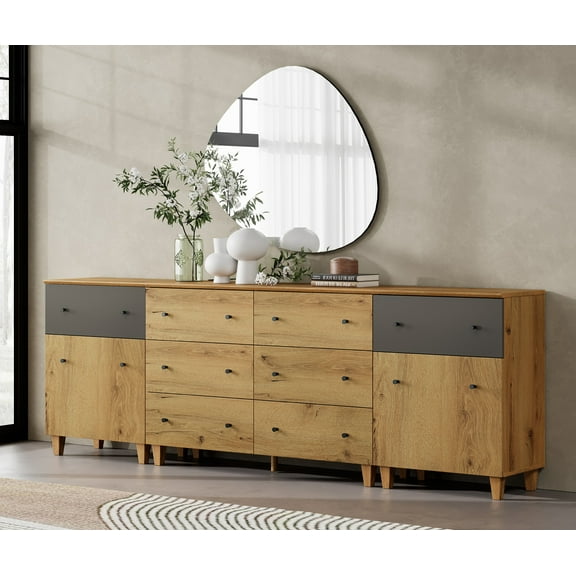 WAMPAT 8 Drawers Dresser with 2 Cabinets for Bedroom, 3-in-1 Modern Wooden Chest of Drawers, 94" Wide, Oak Brown Wood Finish
