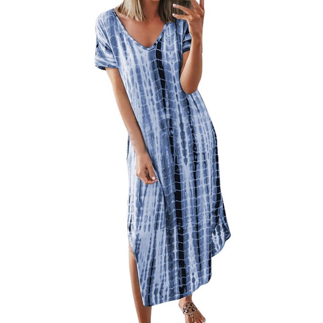 ICHUANYI Clearance Fashion Casual Women Tie-Dye Print V-Neck Short Sleeve Split Summer Long Dress(Blue, L) ICHUANYI WER2023081117545