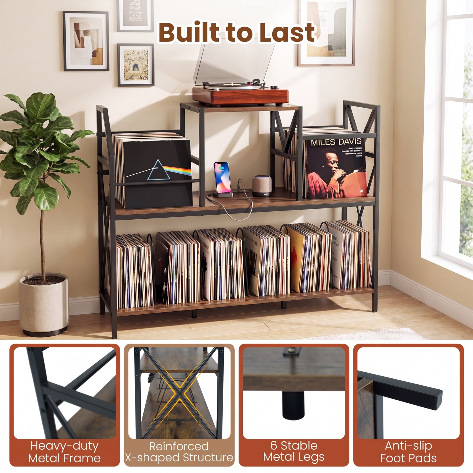 Furnibear Record Player Stand with Power Outlets Vinyl Storage and Album Dividers for Turntables Speakers and Living Room Audio, Rustic Brown