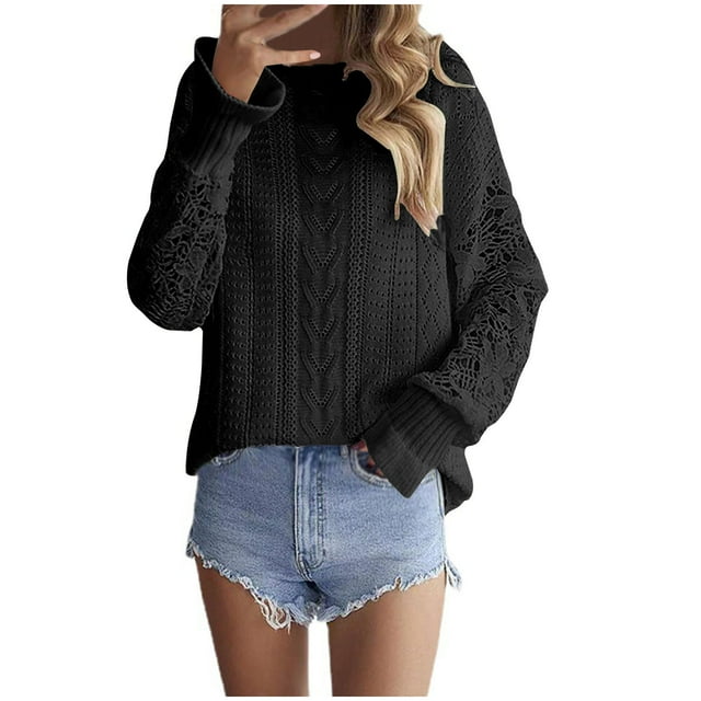 WRKEKC Chandails pour Femmes Couleur Unie Col Rond Ajouré Manches Longues Chandails à Enfiler pour l'Automne et l'Hiver Tenue Quotidienne Décontractée de Bureau