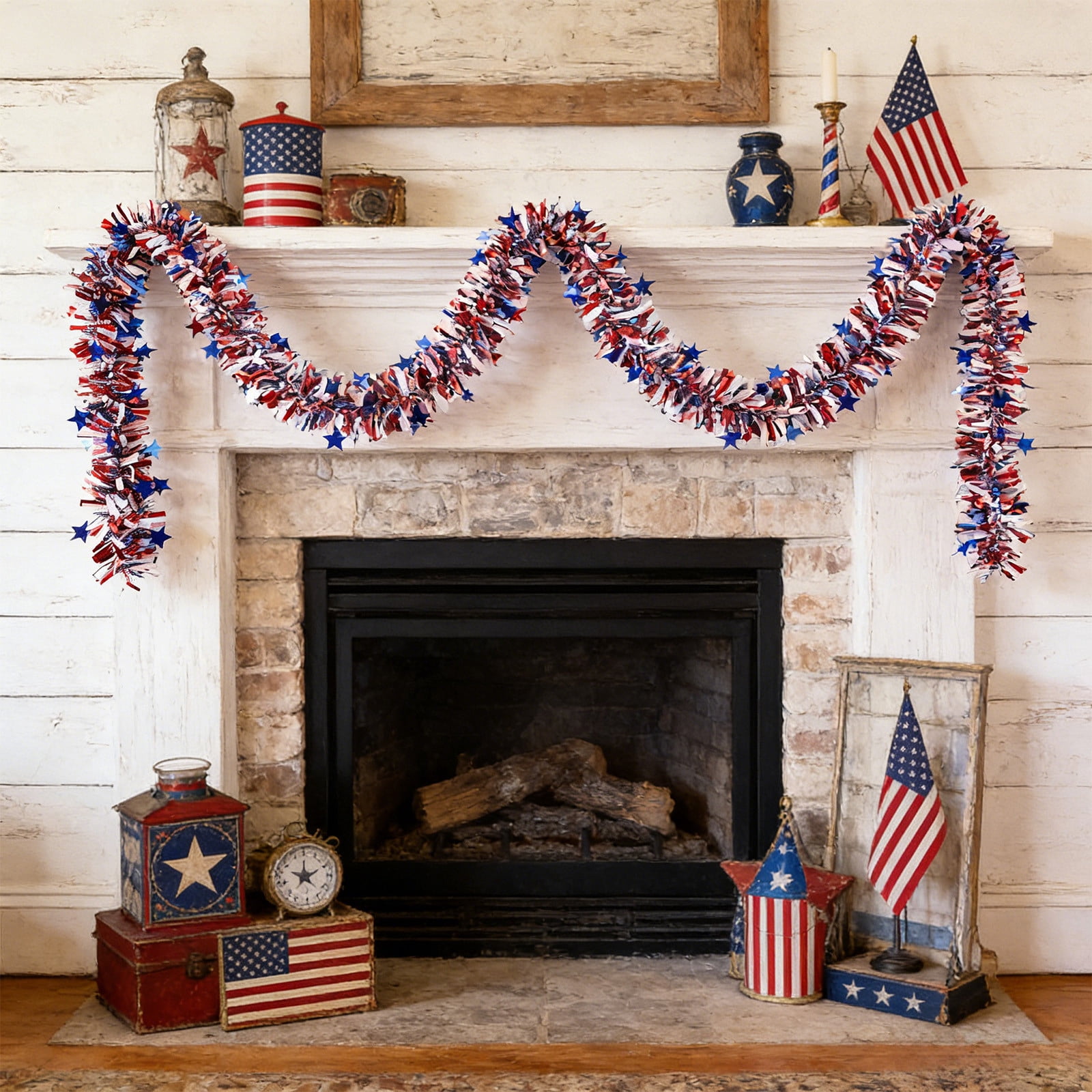 UALSRZL 4th of July Patriotic Garland, 6.56Ft Red White and Blue Glitter Tinsel Ribbon, Plastic Stars Memorial Day Indoor Outdoor Hanging Decor