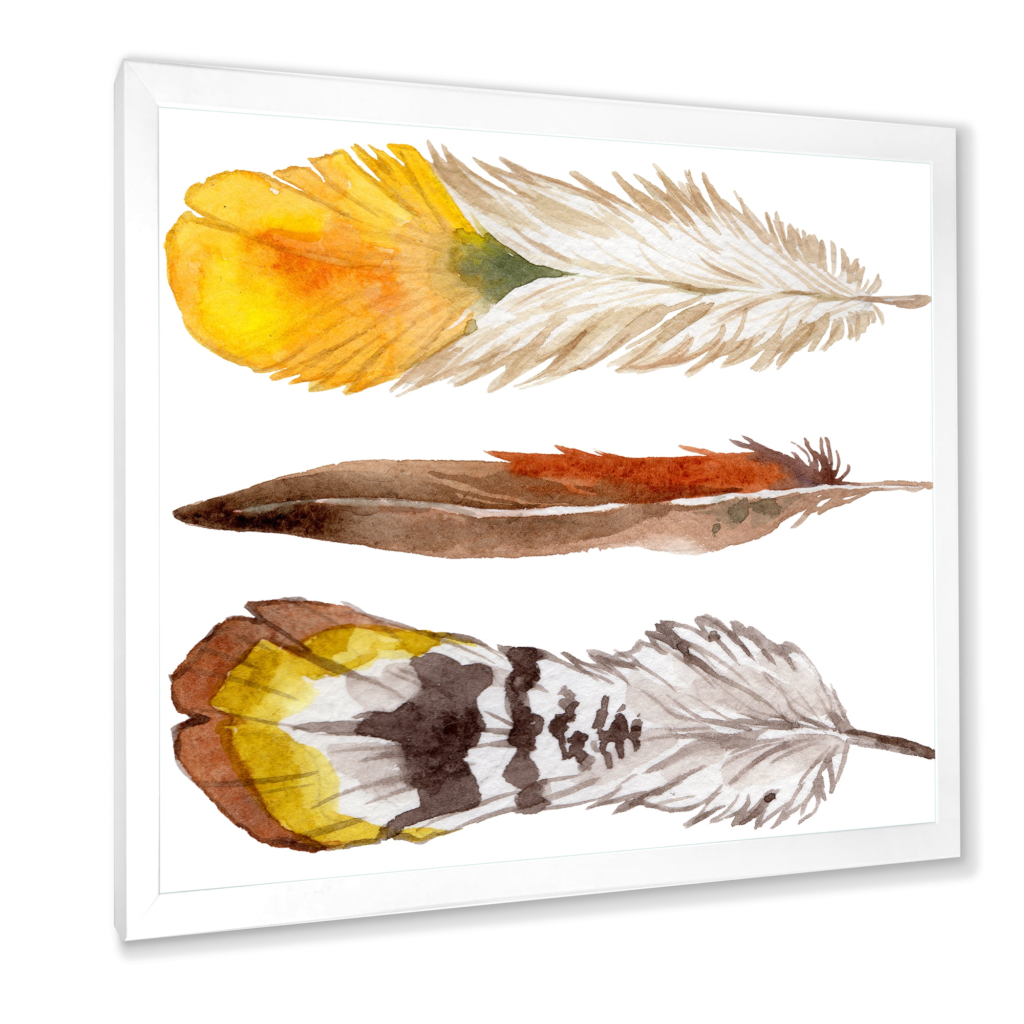 Designart 'Ethnic Yellow Feather From Wing On White' Bohemian & Eclectic Framed Art Print