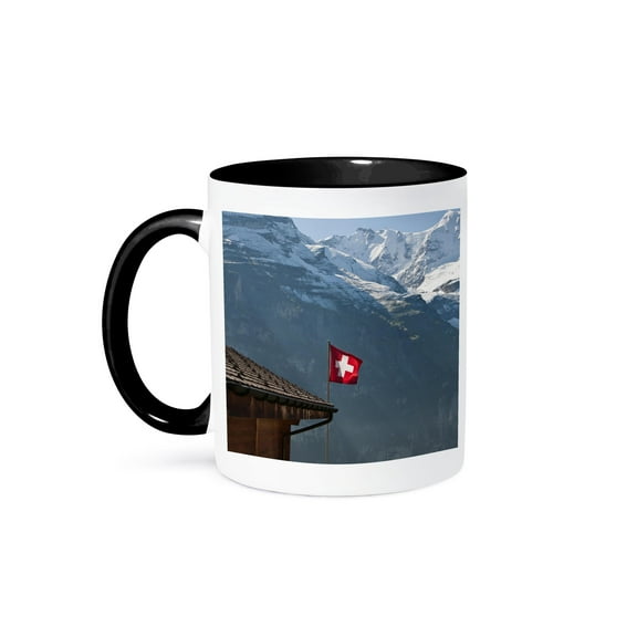 3dRose, Flag, Mountains, Murren, Jungfrau, Switzerland - EU29 MDE0022 - Michael DeFreitas, 11oz Two-Tone Black Mug