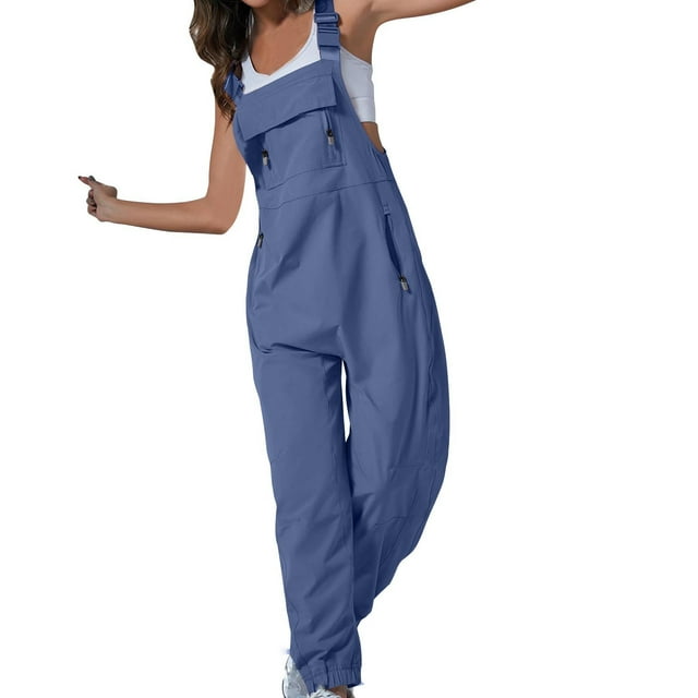 yoeyez Combinaisons à Jambes Larges pour Femmes, Salopettes Longues Cargo Unies à Bretelles Ajustables Décontractées à Bavette Sans Manches Combinaisons Barboteuses Combinaison avec Poches Bleu, TG