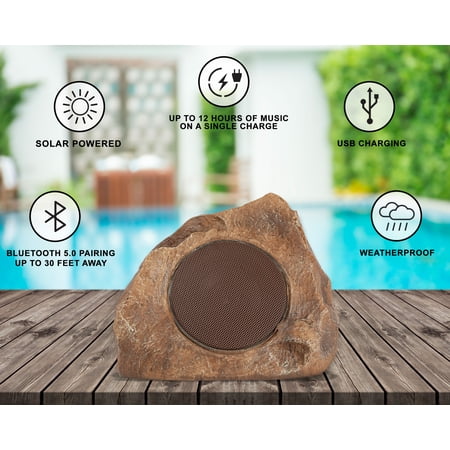 Homewell Outdoor Rock Speaker Solar-Powered Wireless Bluetooth 5.0 Portable Speaker Weatherproof for Patio, Pool, Deck, Yard, Garden and Home (2-Pack, Brown)
