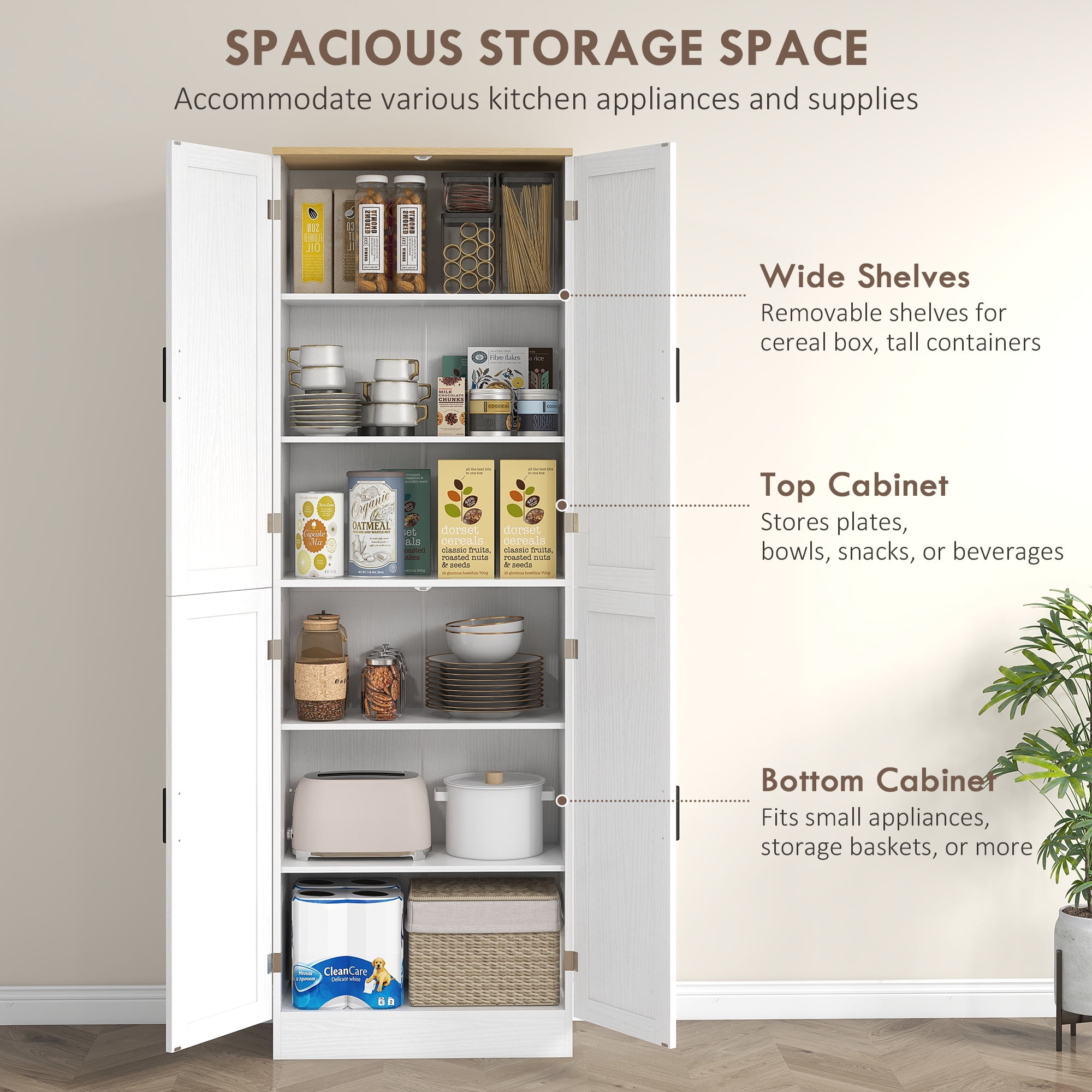 HOMCOM 67" Kitchen Pantry Storage Cabinet w/ Shelves, White Embossed Wood Grain