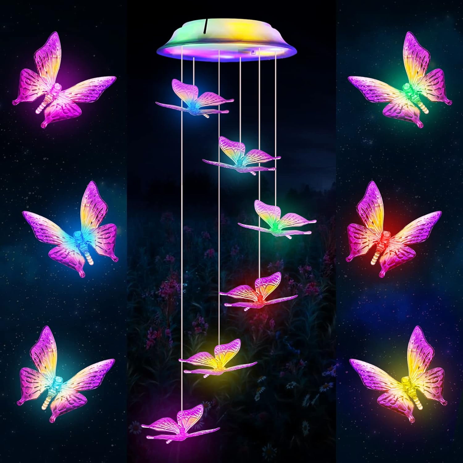 Qoosea Wind Chimes for Outside Butterflies Solar Wind Chime Yard Decorations Outdoords Powered LED Waterproof Color Changing Hanging Lamp Butterfly Windchimes Moon Gifts for Women