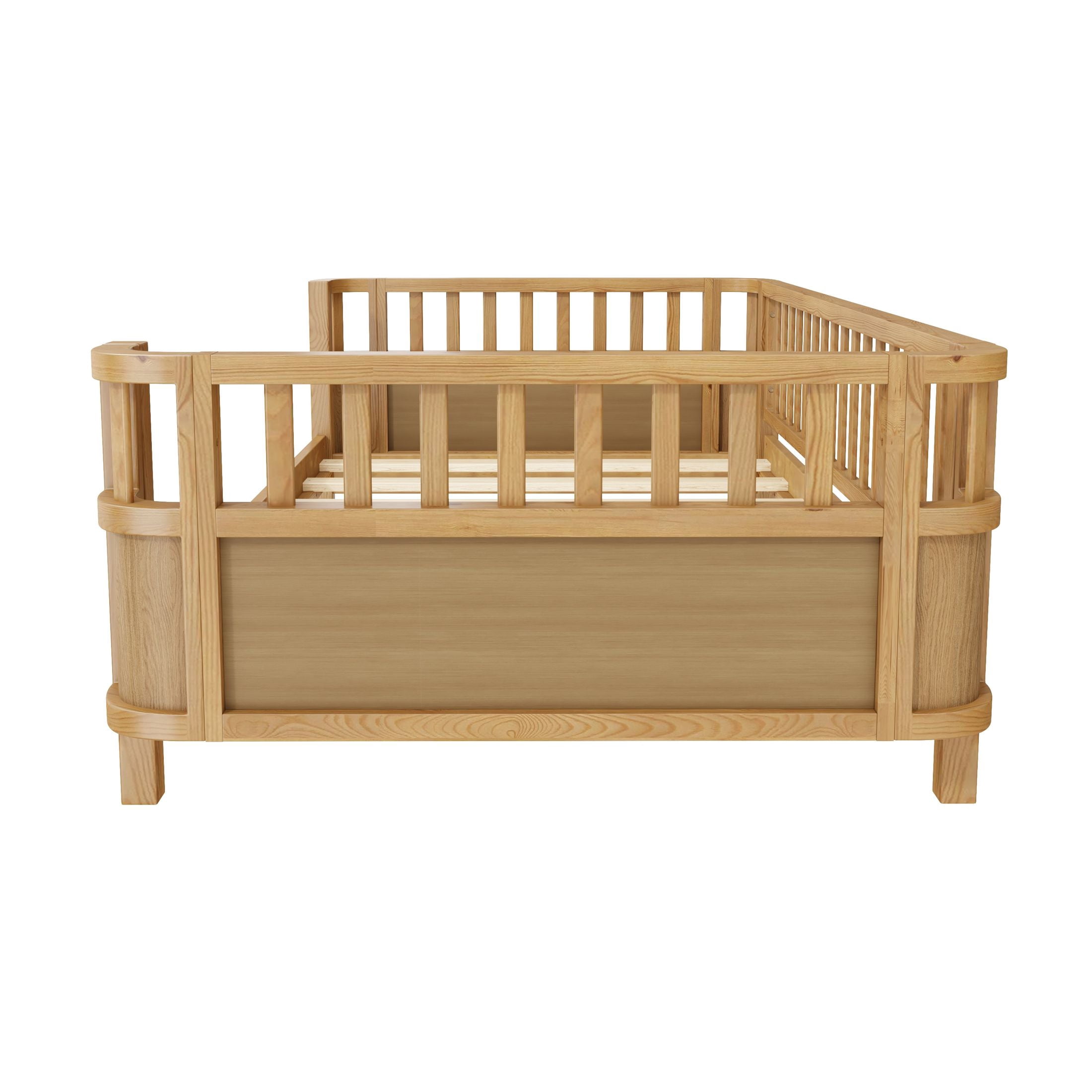 GDF Studio Darpel Twin Size Wooden Montessori Bed Frame with Guard Rails, Pine Wood Low-Profile Floor Kids Bed, Natural