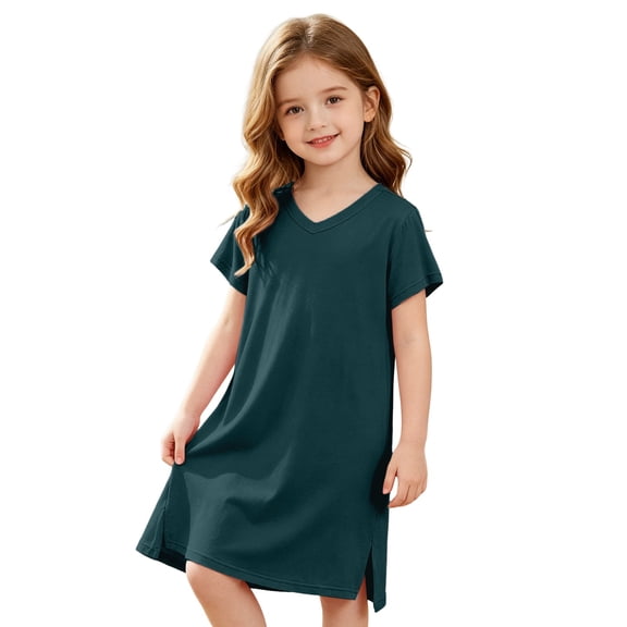 Bobifish Toddler Girls Dress V Neck Short Sleeve Side Slit Tee Dress Soft Breathable Everyday Casual Midi Dress