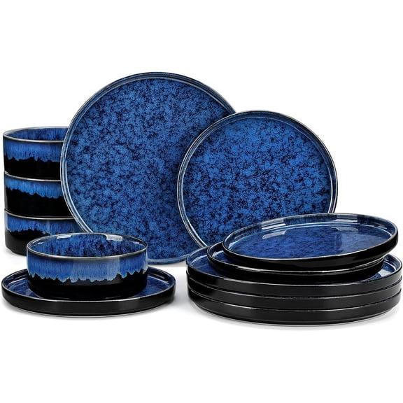 Starry Plates and Bowls Sets,12 Pieces Blue Dinnerware Sets for Kitchen,Modern Stoneware Dishes Set for 4,Dishwasher and Microwave Safe