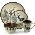 thumbnail image 3 of Round Stoneware Cabin Dinnerware Dish Set, 16 Piece, Elk Design with Warm Taupe and Brown Accents, 3 of 6