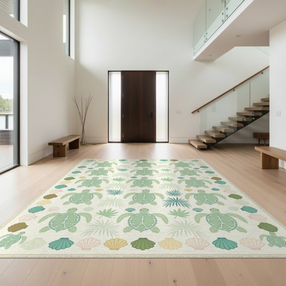 Design&I 8'x10' Washable Area Rug Sleek Flatweave Pet Friendly Nautical Ocean Tropical With Seashell Border Sea Flowing Dynamic for King Size Bedroom, Under Bed