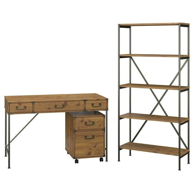 Bureau 48W avec Armoire et Bibliothèque en Pin Doré