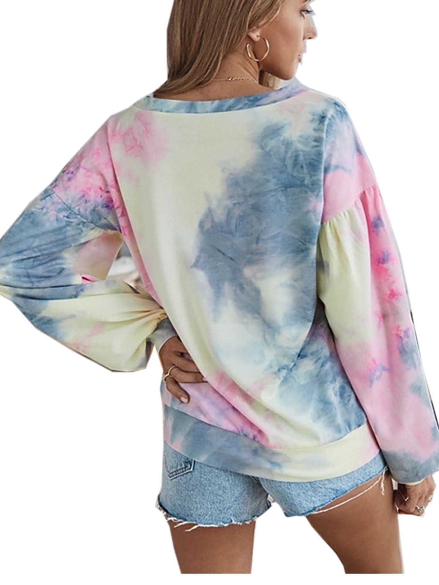 Lazapa Pullover Blouse for Women Round Neck Long-Sleeve Gradient Tie Dye Sweatshirt Tops Loose Casual Shirt Outwear