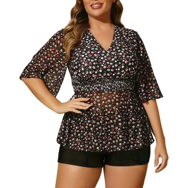 Daznico Plus Size Floral Print Tankini Swimsuit Set with Dress Style Top and Full Coverage Boy Shorts for Women