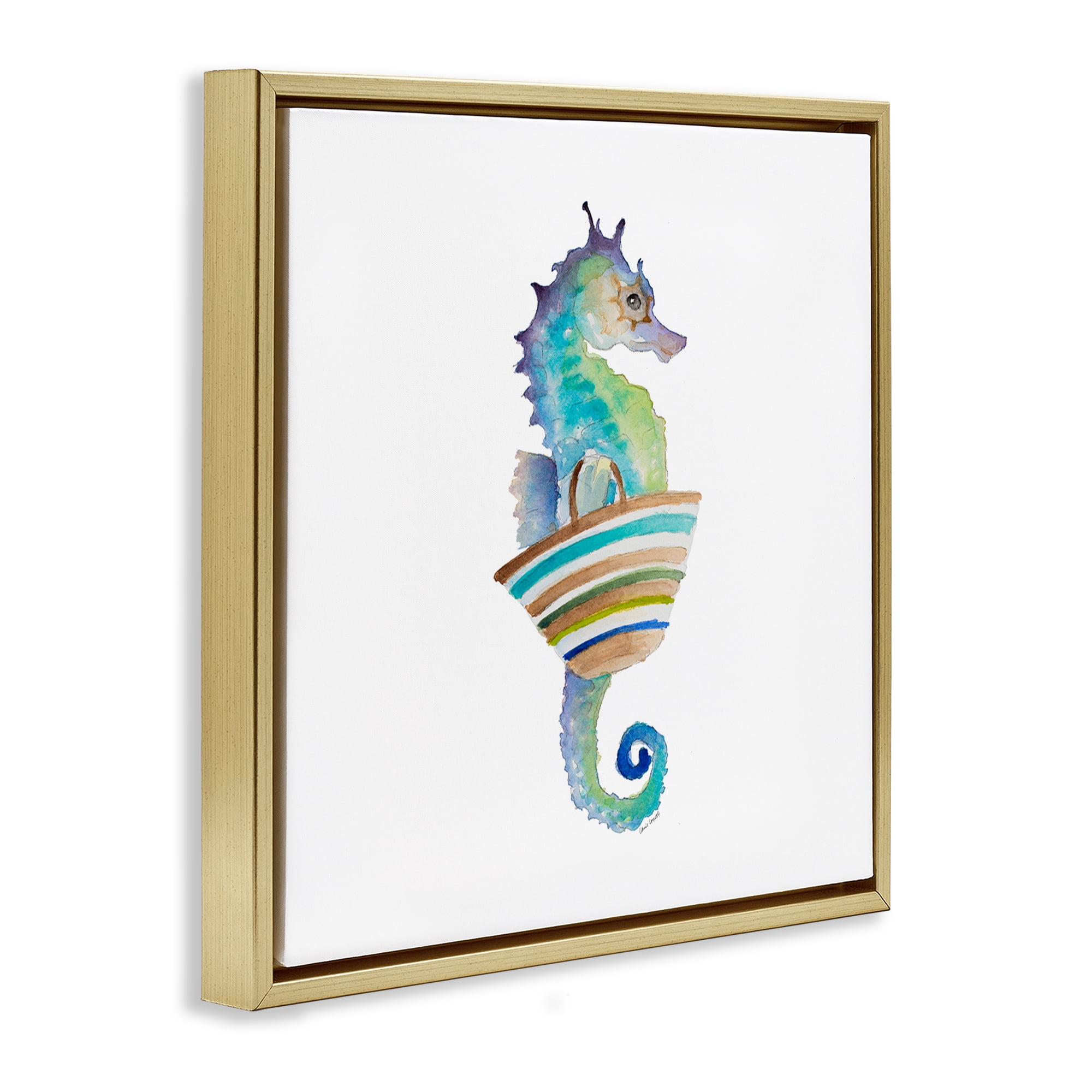 Stupell Industries Summer Ready Seahorse Novelty Painting Gold Floater Framed Canvas Art Print Wall Art, 25 x 25