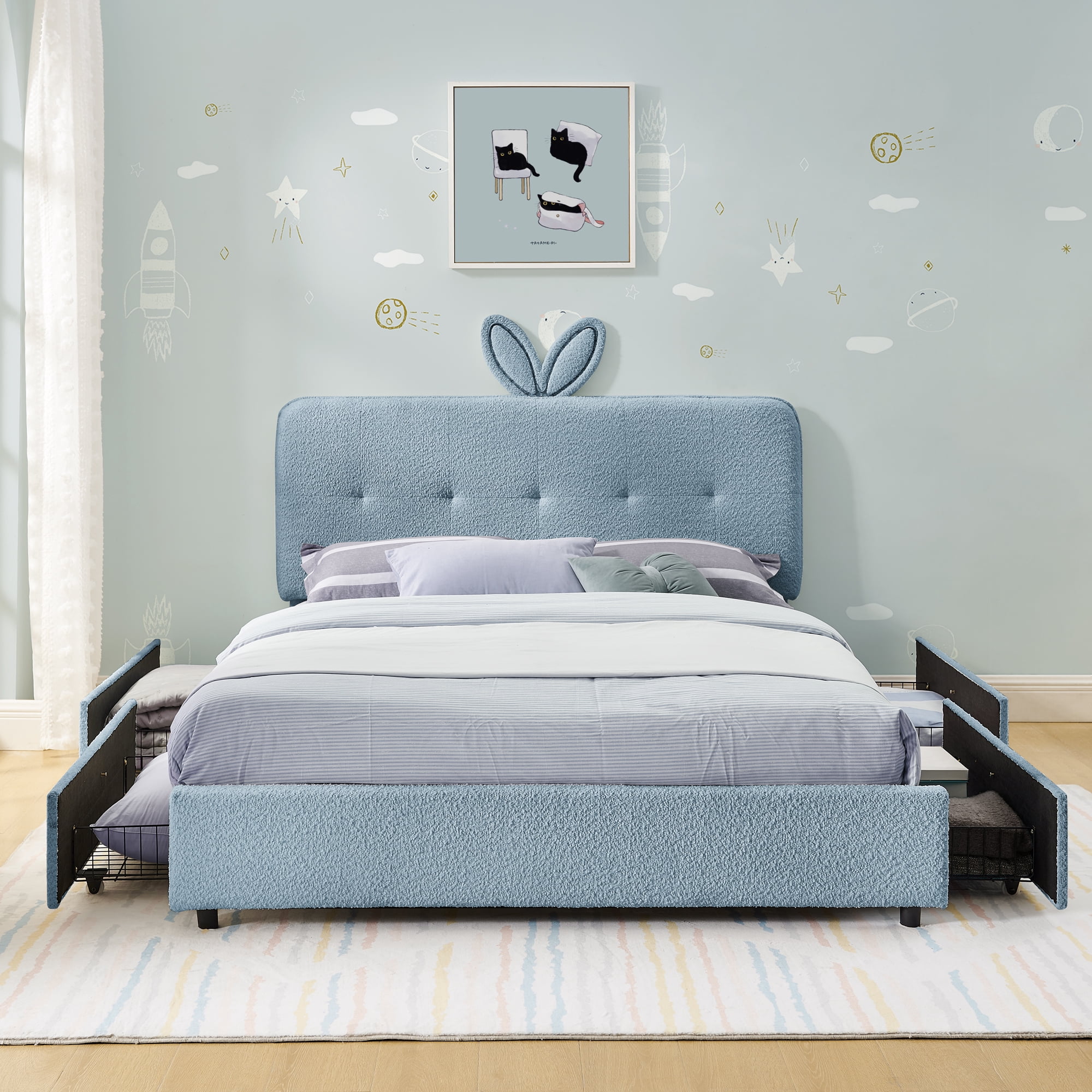 Mintazer Full Upholstered Kids Bed with Oversized Rabbit Ear Headboard, Boucle Fabric Platform Bed with LED Headboard & 4 Storage Drawers, Blue