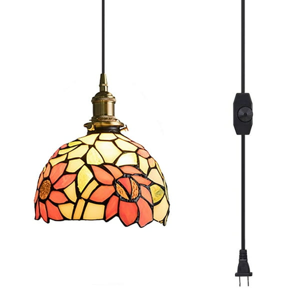 Kiven Plug in Pendant Light, Antiqued Art Glass Hanging Light Fixture with Brass Lamp Holder, Dimmable Pendant Light for Bedroom Hallway Kitchen Island Reading