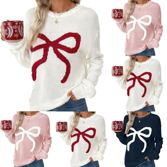 Aboser Christmas Sweaters for Women Trendy Bow Knot Print Sweater Cozy Soft Crewneck Pullover Tops Loose Casual Long Sleeve Shirts Holiday Clothes
