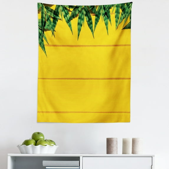 Exotic Tapestry, Modern Tropical Design of Green Leaves and Mustard Colored Wooden Planks, Fabric Wall Hanging Decor for Bedroom Living Room Dorm, 5 Sizes, Earth Yellow Emerald, by Ambesonne