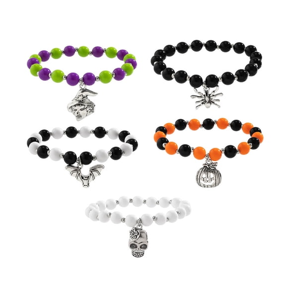 5Pcs Halloween Pumpkin Skull Bat Pendant Bracelets Set for Women Colorful Beaded Handchain Bracelets Party Jewelry Gift