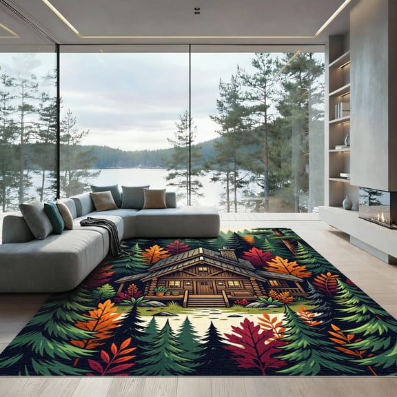 ODIKA 4'x6' Machine Washable Non-Slip Area Rug, Rustic Cabin Forest Green High Traffic Rug, Green, 1181219