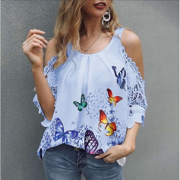 Tirantes de mariposa mangas huecas camisa de ocio MABOTO Azul XXXXL