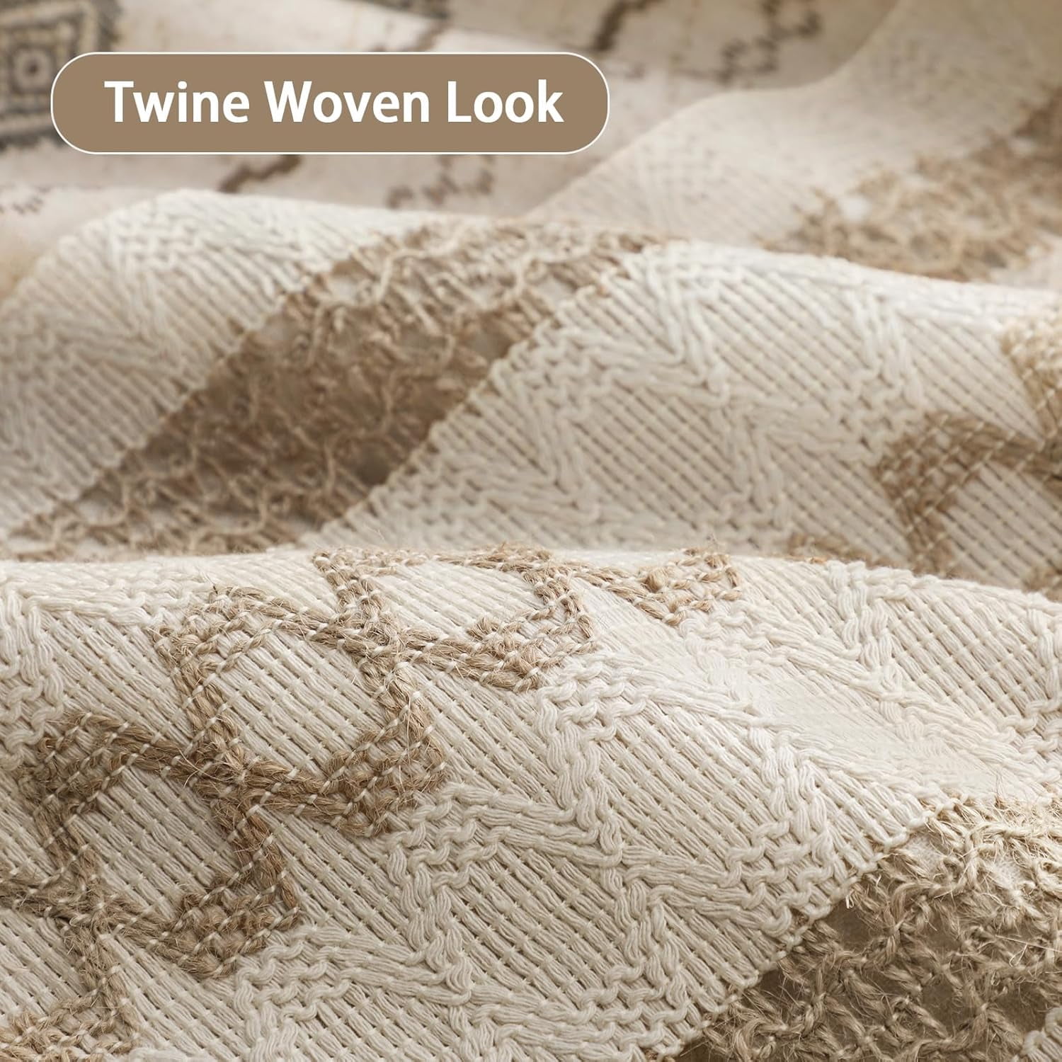 Boho Linen Shower Curtain for Bathroom,with Striped Print and Twine-Inspired Woven Center,72" W x 72" L,Beige