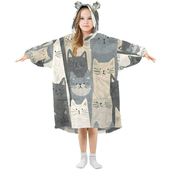 FORMRS Wearable Blanket Hoodie with Sleeves for Kids Cozy Flannel Sweatshirt, Blue Cute Cats