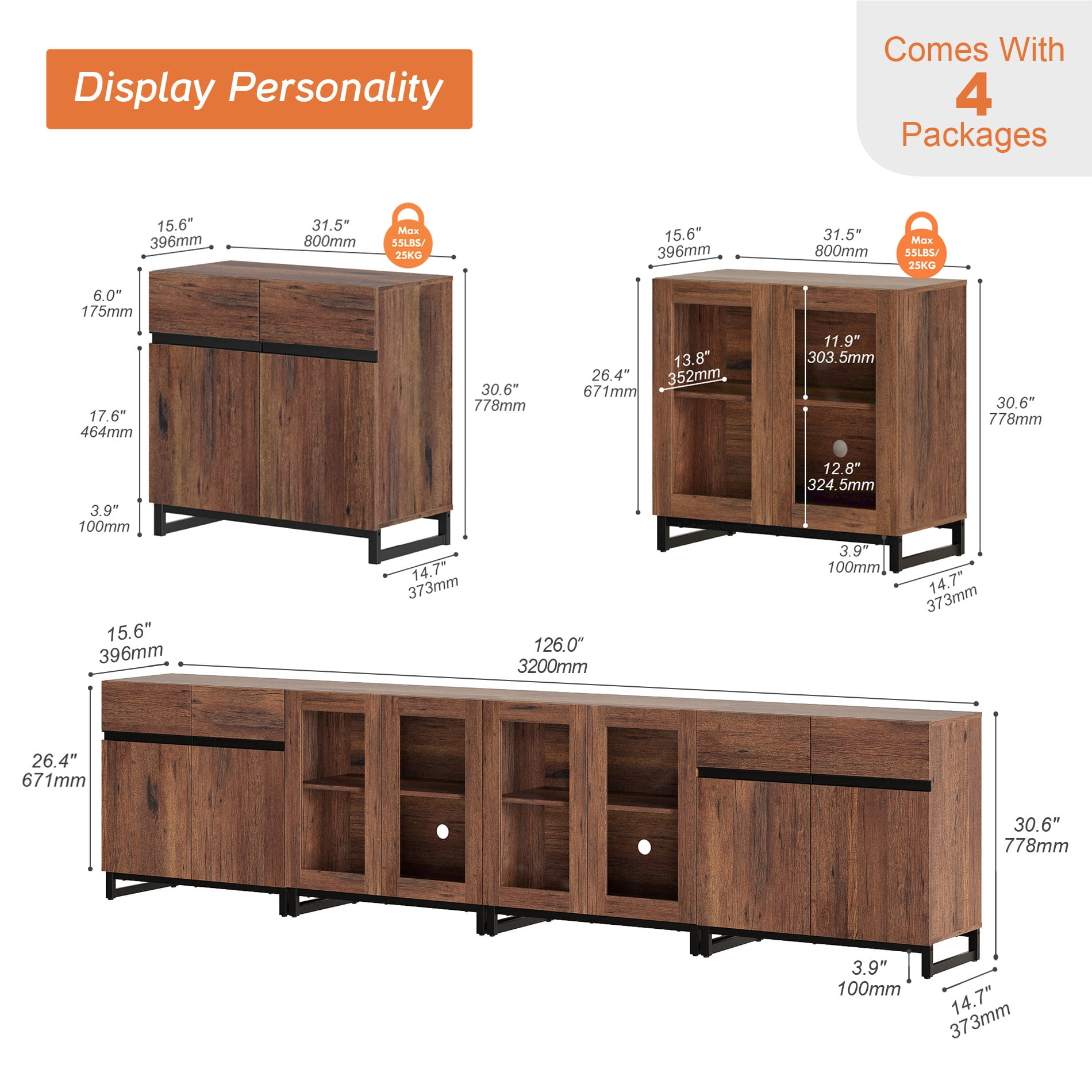 Modern 4-in-1 Storage Chest, Multifunctional Dresser with Glass Doors & Adjustable Shelves, Versatile Closet Organizer Cabinet for Bedroom Living Room,Brown