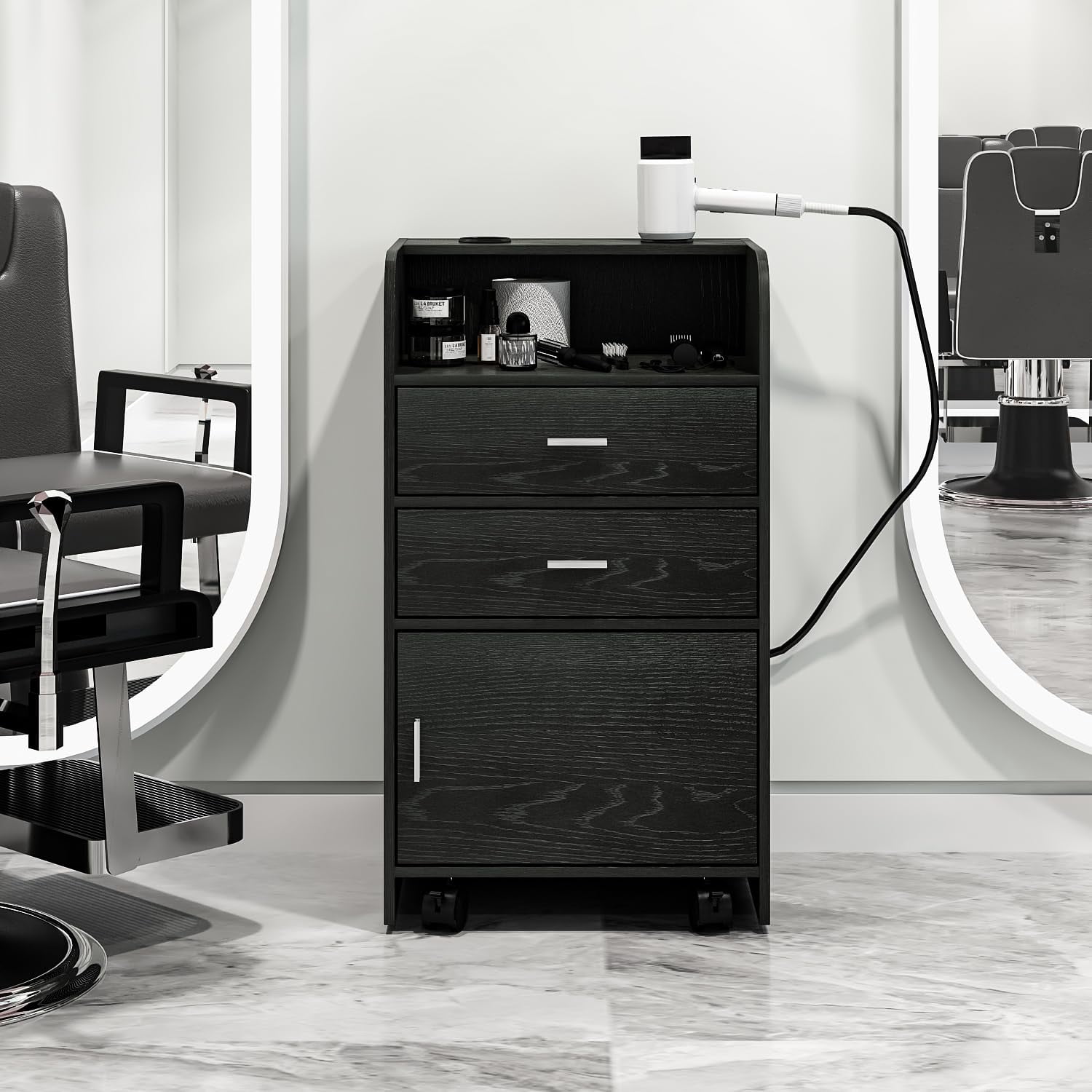 Catrimown Salon Station, Storage Cabinet with 2 Drawers & Large Cabinet, Black