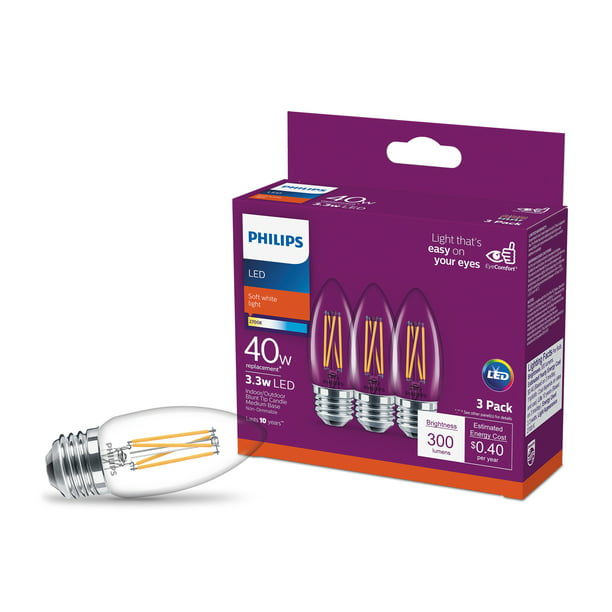 Philips LED 40-Watt B11 Clear Light Bulb, Soft White, Non-Dimmable, E26 Medium Base (3-Pack) - Walmart.com
