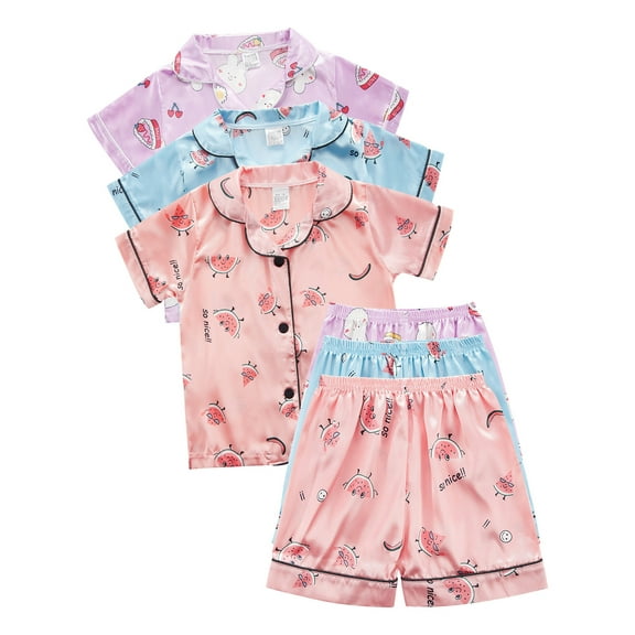 3 Pack Kids Summer Satin Shorts Outfits Sets Girls Boys Short Sleeve Button-Down Pjs Sleepwear Set Brother & Sister Outfits 1-7 Years