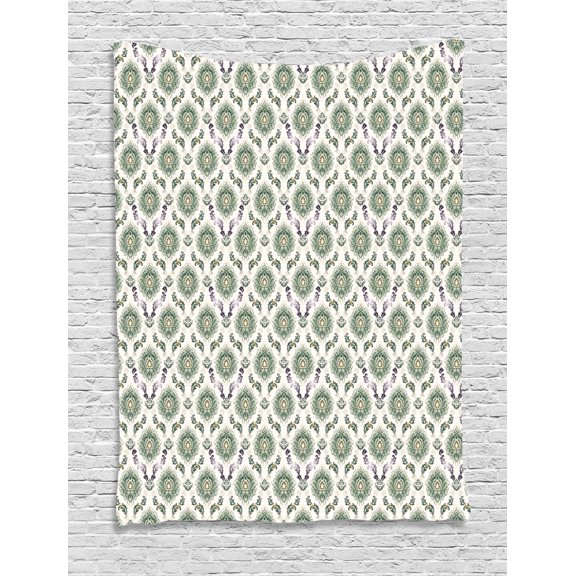 Classical Tapestry, Victorian Damask Style Artistic Nostalgia Pattern, Wall Hanging for Bedroom Living Room Dorm Decor, 60"W X 80"L, Pale Reseda Green Pale Eggplant Off White, by Ambesonne