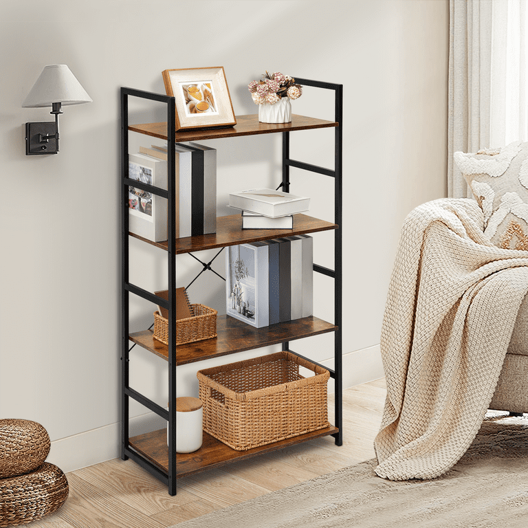 MoNiBloom 4 Shelves Industrial Bookcase Open Back Metal Bookshelf Storage Display Rustic Shelf for Home Office Brown
