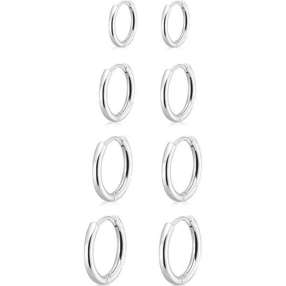Xukmct 4 Pairs 8-14mm Hoop Earrings 316L Stainless Steel Earrings Small Lightweight Hoop Earrings for Women Men, Silver