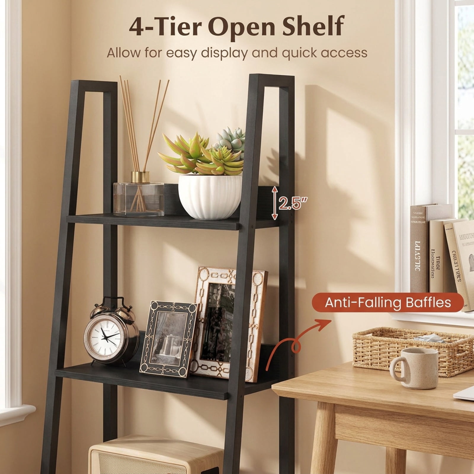 Furnibear 5-Tier Ladder Bookshelf with Fabric Drawer for Living Room and Home Office for Living Room Home Office Bedroom Display Storage Shelf, Black