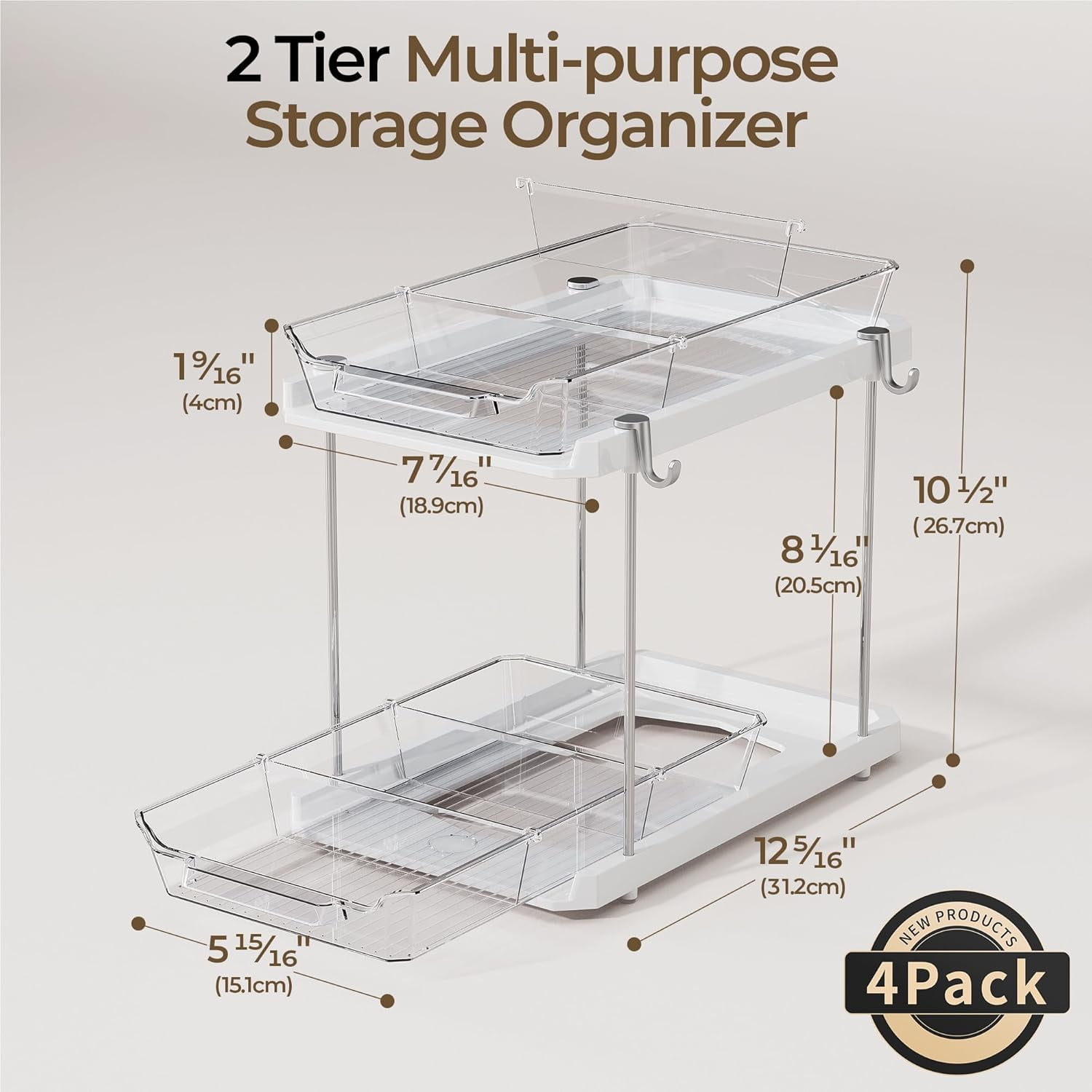 2 Tier Bathroom Under Sink Organizers and Storage with Hook, Multi-Purpose Cabinet Drawers with Movable Dividers, Pull Out Organization for Countertop, Kitchen and Pantry(White, 4 Pack)
