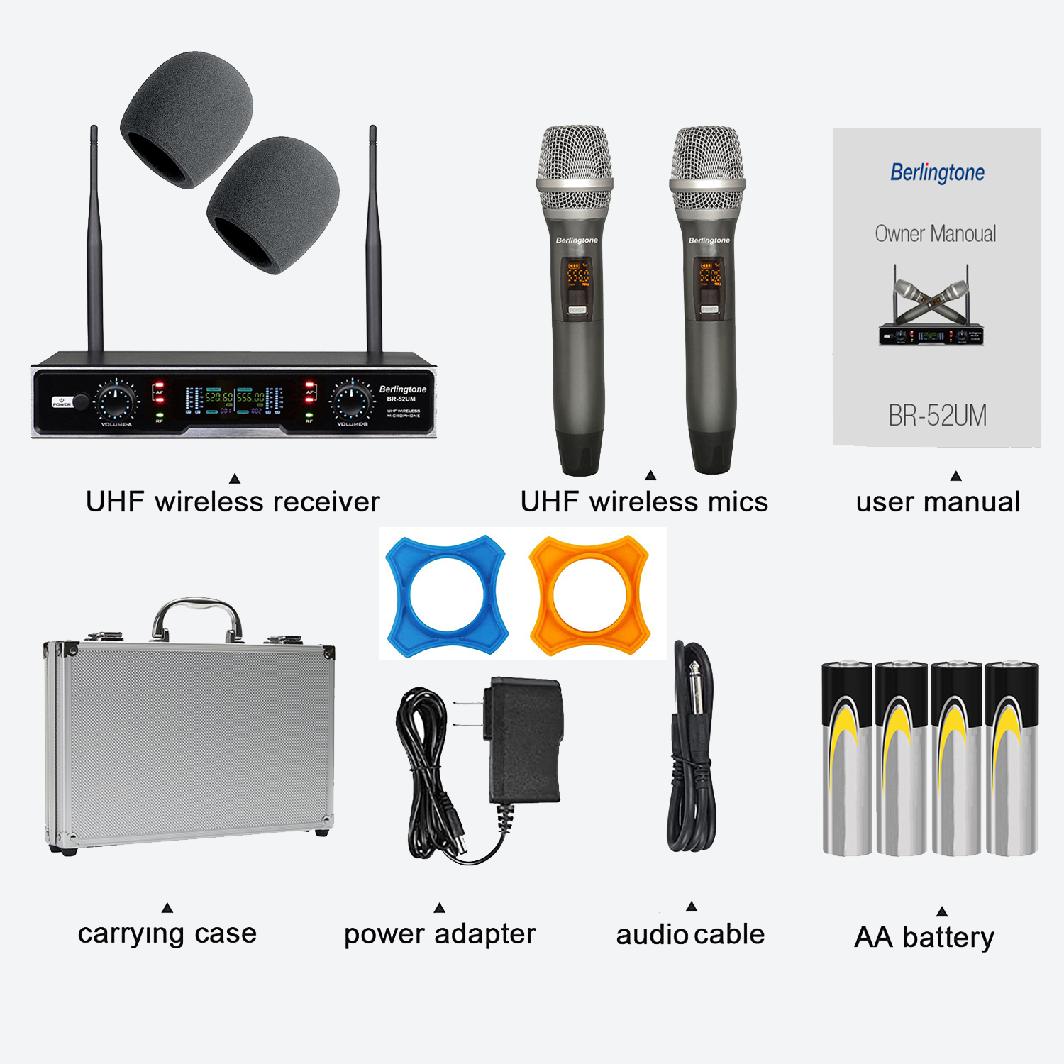 Berlingtone BR-52UM Professional Dual Dynamic Handheld UHF Wireless Microphone System, Metal Microphone and Base, for Singing, Karaoke, Church, Wedding, meeting, up to 260ft Range