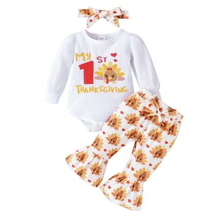 

Suanret Baby Girls Thanksgiving Outfits Print Ribbed Long Sleeve Rompers Turkey Print Flare Pants Headband White 12-18 Months