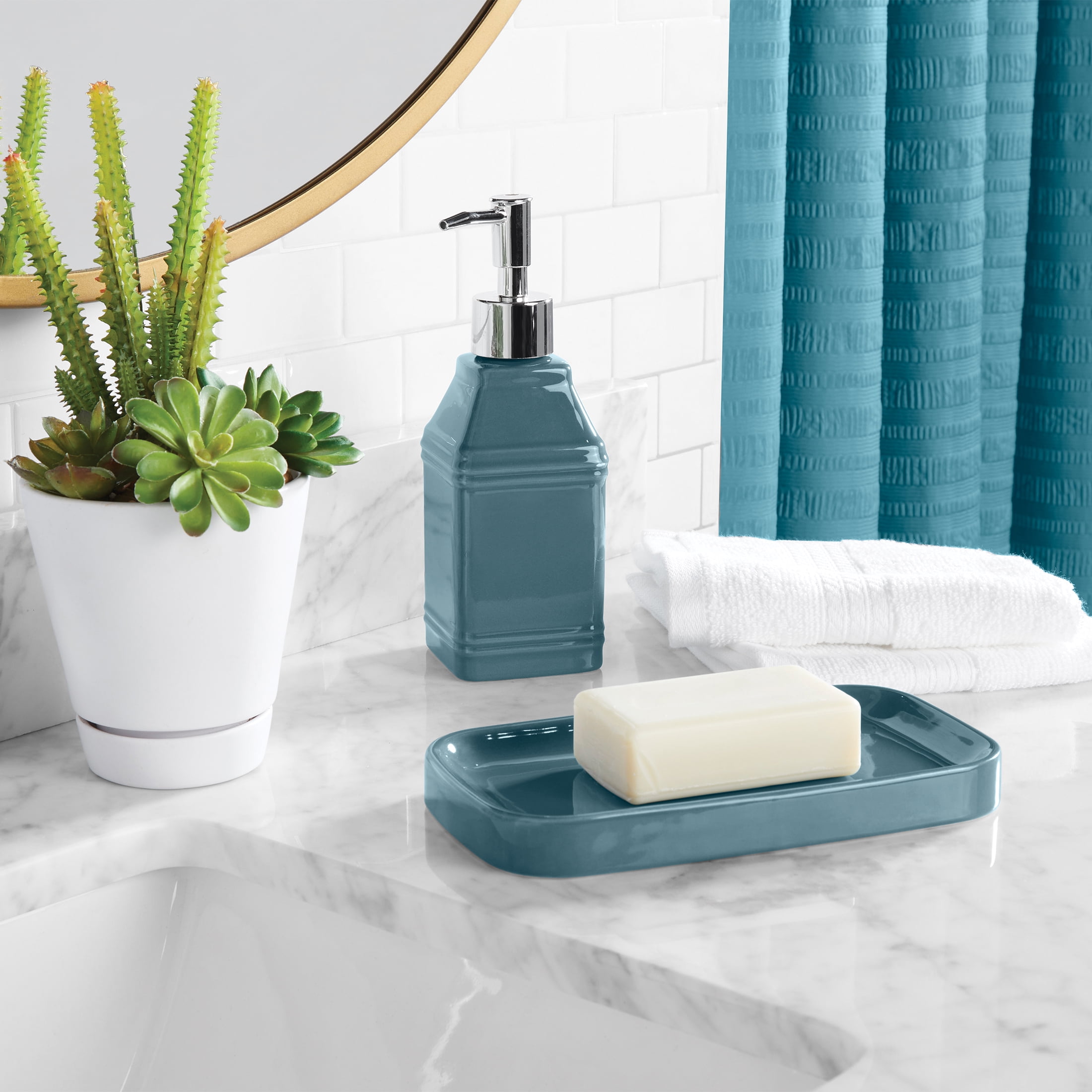 Mainstays 16-Piece Blue Textured Solid Shower Curtain Bathroom Set – Fabric Curtain with Rug, Hooks, Soap Pump & Tray