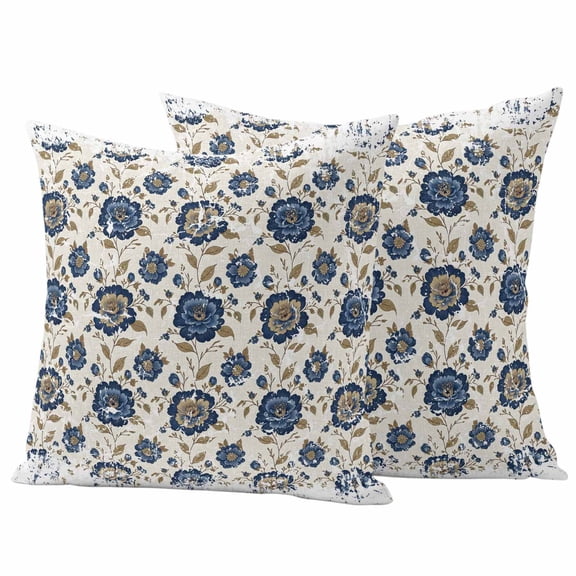 Blue Floral Vintage Outdoor Waterproof Pillow Covers, Farmhouse Shabby Botanical Decorative Square Throw Pillowcase Sofa Cushion Sham for Patio/Couch/Chair, 20"x20" 2 Pack