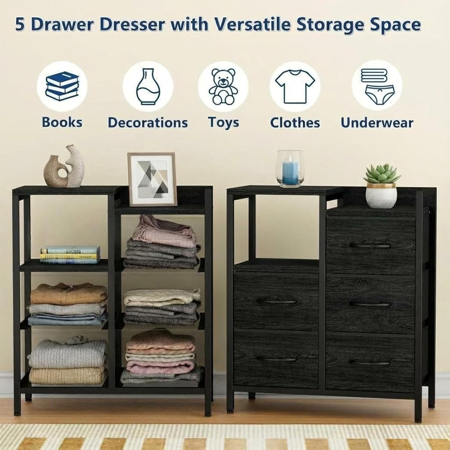 5 Drawer Mobile File Cabinet with Open Storage Shelf, Rolling Printer Stand and Fabric Lateral Filing Cabinet for Home Office, Fits A4 or Letter Size Files, Black