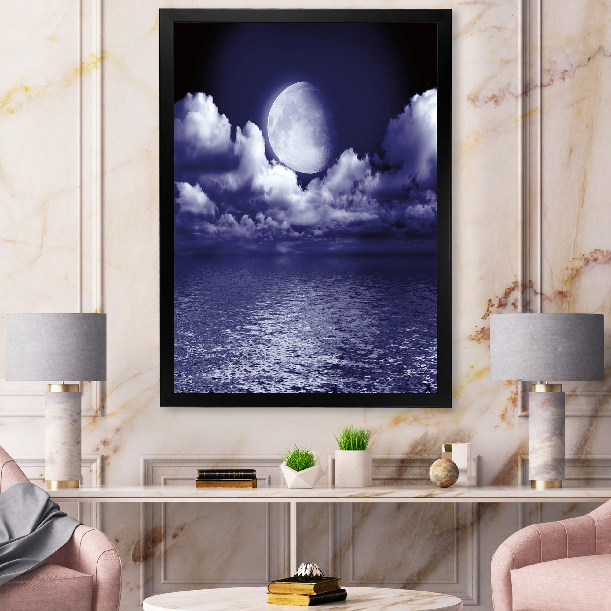 Designart 'Full Moon Night in Cloudy Sky V' Nautical & Coastal Framed Art Print