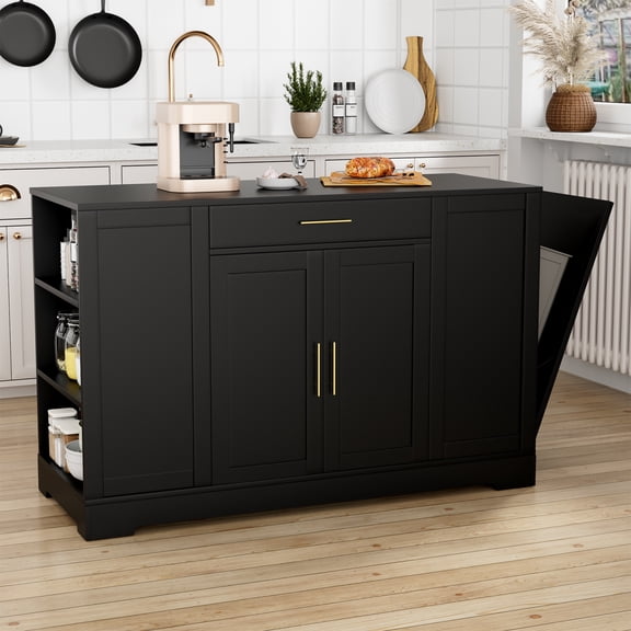 Arlopu 53in Kitchen Island with Trash Can Storage Cabinet, Portable Kitchen Island with Open Side Shelves