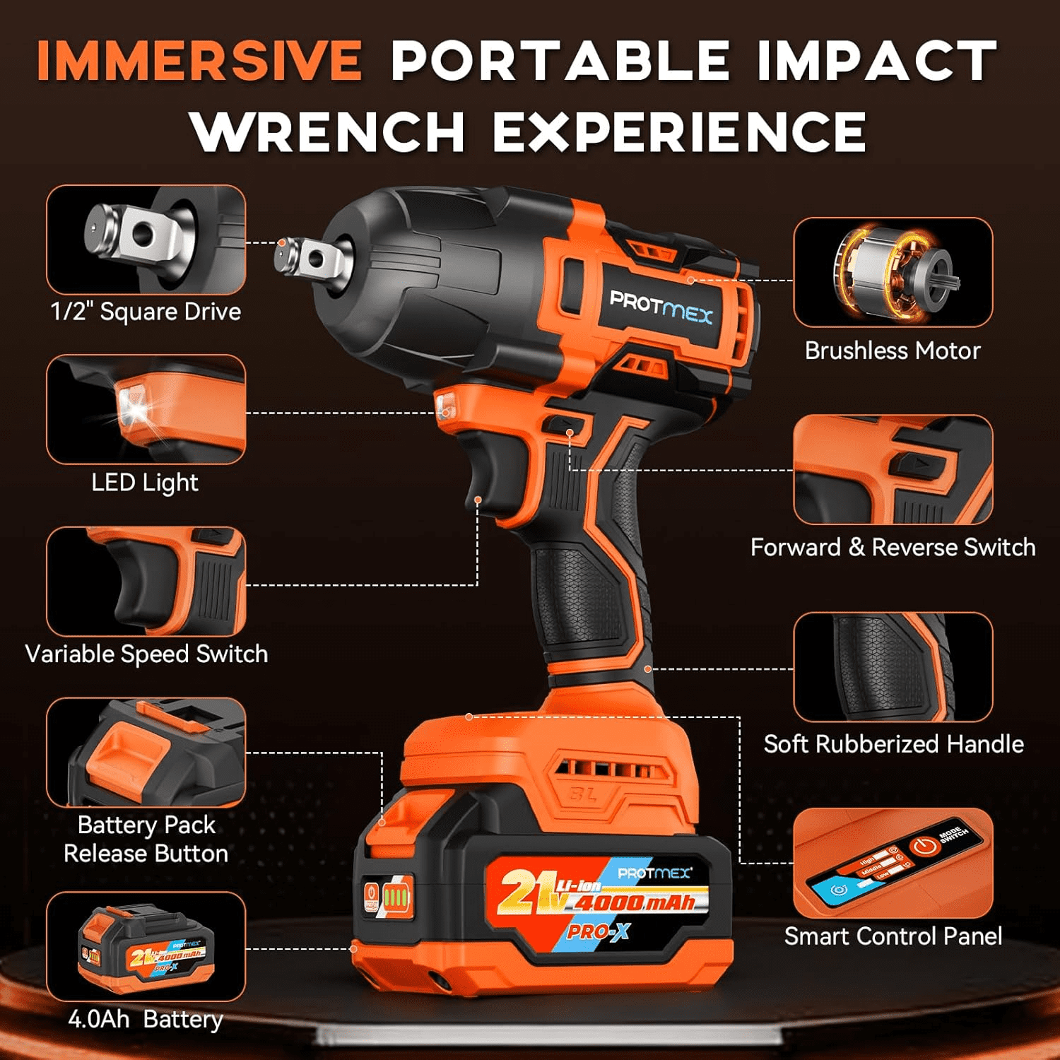 Protmex Cordless Impact Wrench, 900Ft-lbs, 3500 RPM, 3-Speed Modes